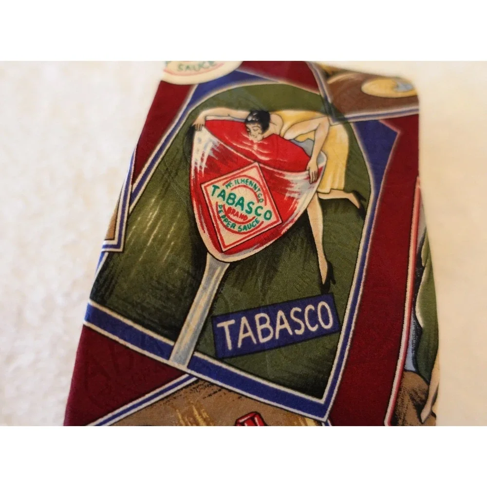 Tabasco Men's Silk Tie Novelty Print‎ Made In USA Vintage lady dancing bottle